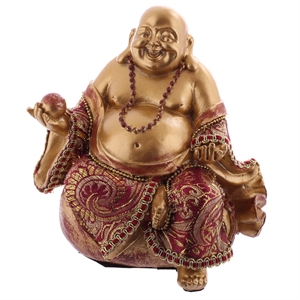Buddha Happy figur BUD294 guldfarvet polyresin med rødt stof h16cm - Se flere Happy Buddha figurer
